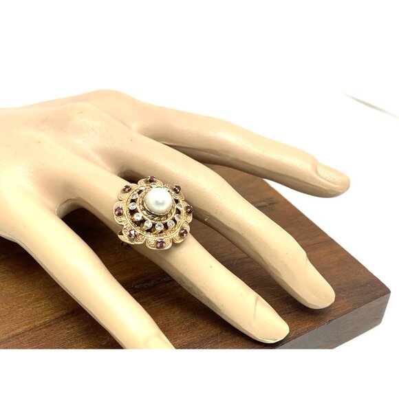 Pearl Ruby Diamond Women's Cocktail Ring 14k Yellow Gold Vintage Estate Size 5.5 - Picture 4 of 14